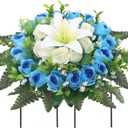 Artificial Cemetery Flowers,Grave Decorations Handcrafted Fake Birthday Flowers Cake,Silk Memorial for Cemetery for Headstones Decoration (Blue)