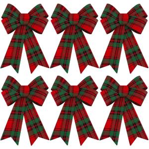 Aneco 6 Pack Red and Green Buffalo Plaid Christmas Wreaths Velvet Bows for Indoor and Outdoor Decorations (9 x 12 inches)
