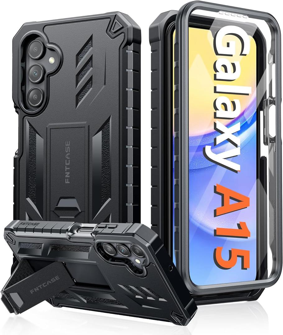 FNTCASE for Samsung Galaxy A15-5G Case: Military Grade Drop Proof Protection Phone Cover with Kickstand | Heavy Duty Rugged Full Body Protective Shockproof Matte Textured TPU Cases - 6.5 Inch (Black)