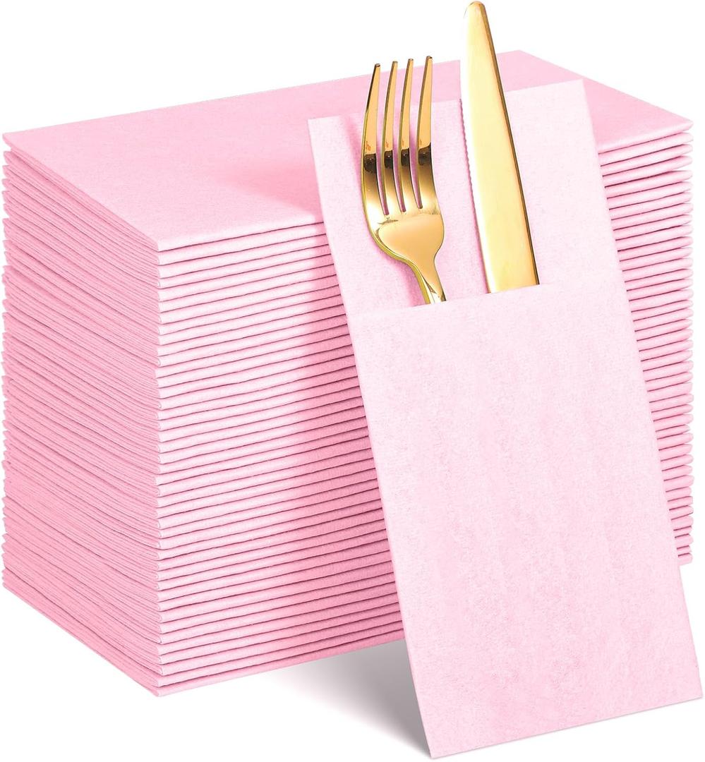 60 Pcs Pink Linen-Feel Paper Napkins with Built-in Flatware Pocket, Mother's Day Pocket Linen Napkin Prefolded Cloth Like Paper Napkins Bulk for Anniversay Wedding Baby Shower Birthday Bridal Party