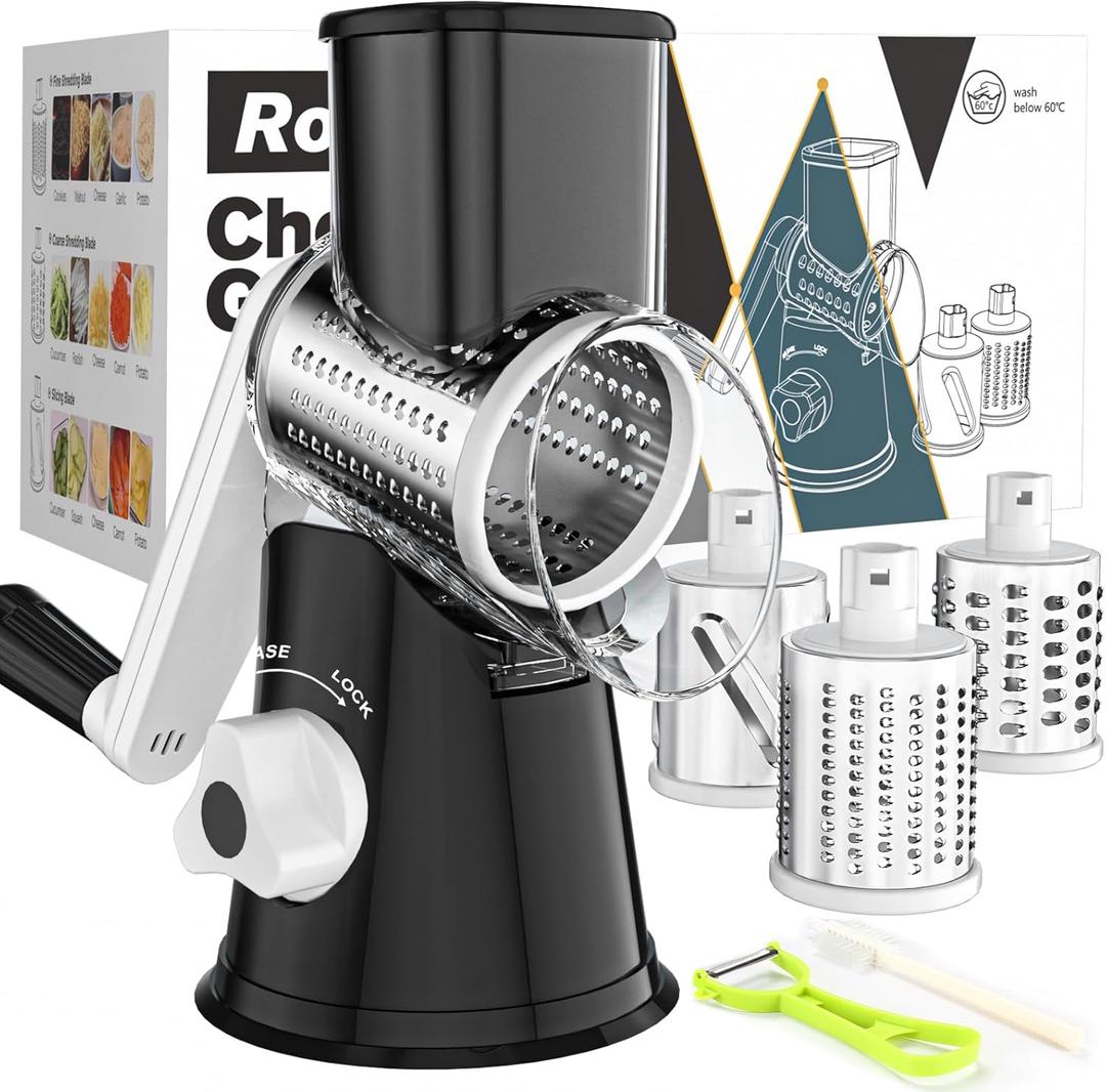 Ourokhome Rotary Cheese Grater Hand Crank, Kitchen Shredder Speed Mandolin Slicer Nuts Grinder with Handle and Drum Blades for Cheese, Vegetable, Walnut, Chocolate, Potato, Carrot, 3 Blades, Black