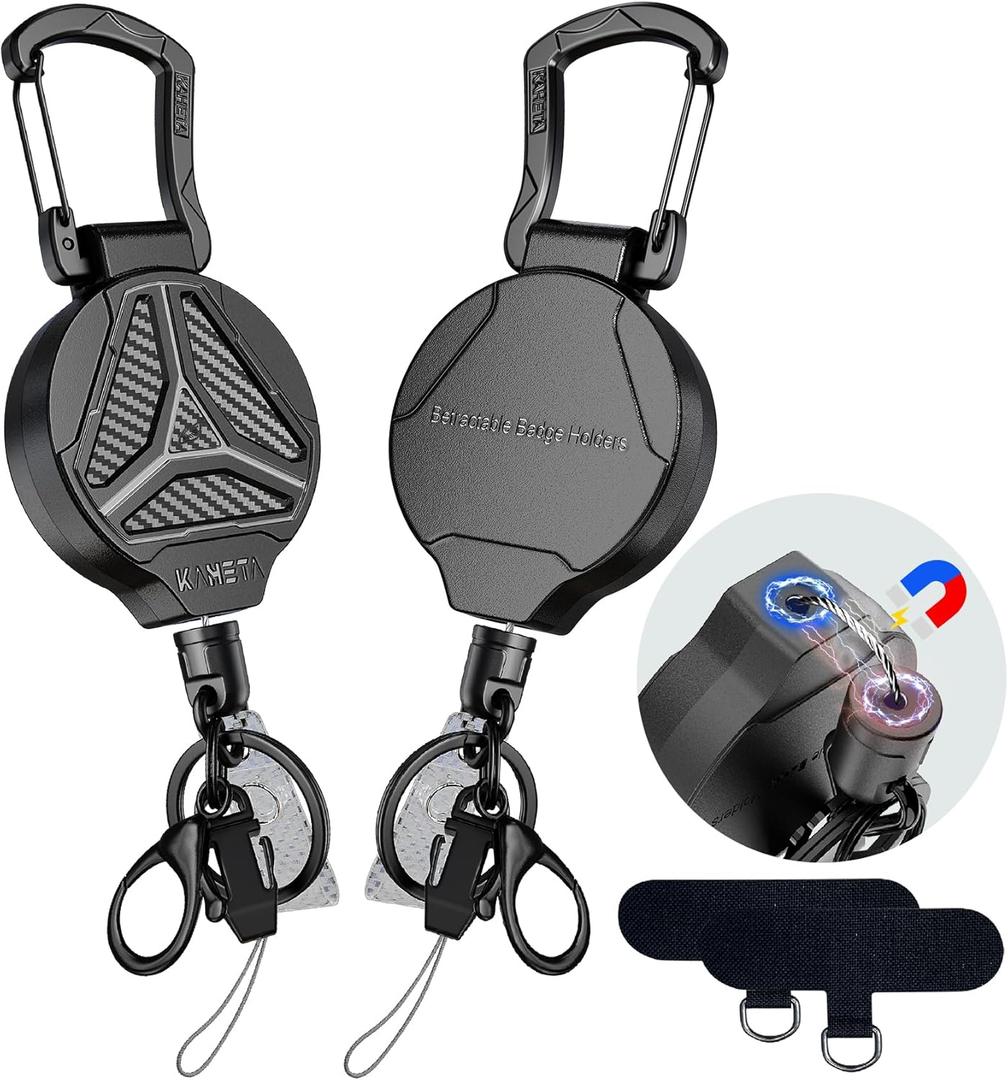 2 Pack Retractable Keychain Heavy Duty Carabiner Badge Holder Clip with Magnetic,Tactical Id Badge Reel with 32'' Steel Cord,Key Ring,Lobster Claw Clasp and Phone Tethers
