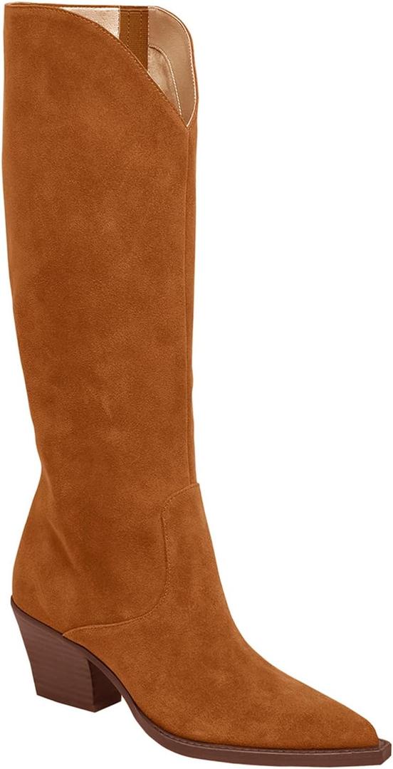 Coutgo Womens Wide Calf Cowboy Boots Suede Knee High Chunky Heel Pointed Toe Western Cowgirl Boots (7.5, Brown)