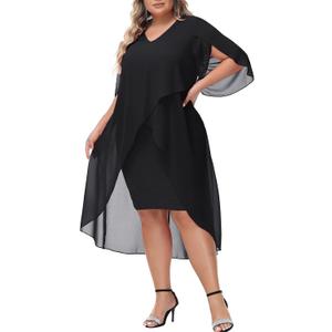 Hanna Nikole Womens Plus Size Chiffon Cocktail Dress Ruffle 3/4 Sleeve Wedding Guest Party Dresses with High Low Hem (Large, Black)