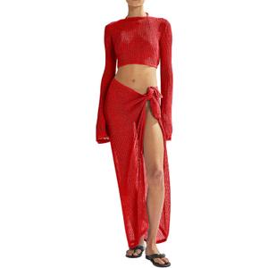 Women's Swimsuits Cover Ups Set for Crochet Bathing Suit Hollow Out 2 Piece Bikini Coverup Beach Swimwear (X-Large, Red-1)