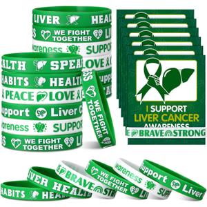 60 Pcs/30 Sets Liver Cancer Awareness Silicone Wristbands with Cards Include 30 Green Ribbon Wristband 30 Liver Cancer Awareness Cards for Men Women Teen Campaign Support Charity Supplies