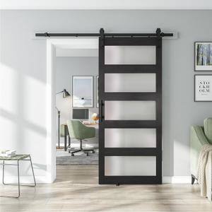 36'' x 84'' Glass Barn Door and 6.6 Ft Hardware Kit Included, MDF White Barn Door Slab with Frosted Glass, PVC Surface, Combined with Handle and Floor Guide-Assembly Required, Dark Grey