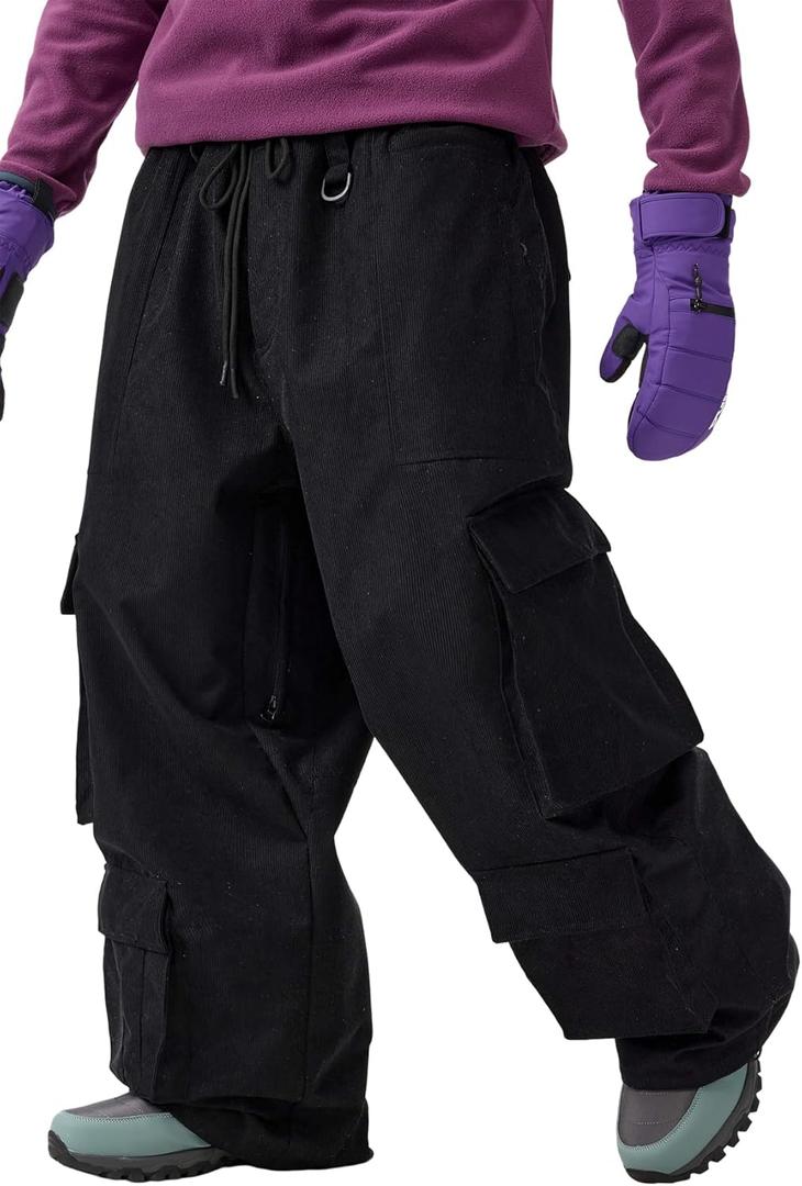 GSOU SNOW Womens Mens Baggy Snow Pants Cargo Snowboard Pants Ski Super Loose Sport Outdoor Insulation Waterproof (Large, Black-2)