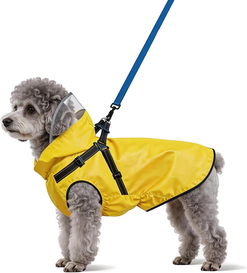 Dog Raincoat: Dog Rain Jacket with Reflective Harness & Removable Hood | Waterproof Dogs Rain Coat Poncho for Small Dogs Puppies (Yellow - S)