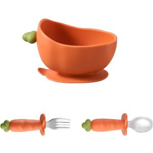 Carrot Shape Silicone Baby Feeding 6 Pack Set, 1 Suction Bowl & Plate, Bib, Spoon, Fork, Cup (Bowl with Spoon and Fork)