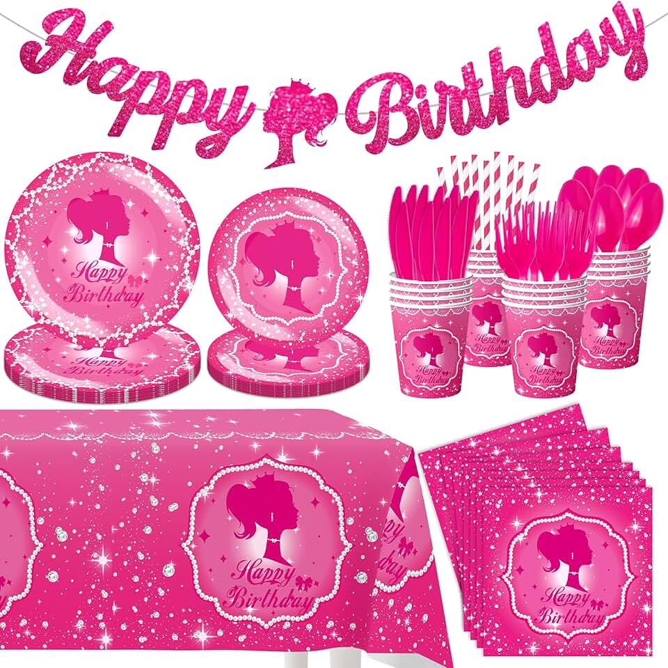 162PCS HOT Pink Happy Birthday Party Supplies Complete Set with Birthday Banner Paper Plates Cups Straw Napkins Spoon Fork knives Tablecloth for Women Girl Party Decorations Serve 20 Guests