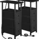 Narrow End Tables Living Room Set of 2 with Charging Station, Skinny Side Table with Fabric Drawers, Slim Nightstand for Bedroom, Small Spaces, Couch, Black, HETNDP03BK