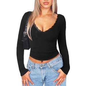 Navneet Women Sexy V Neck Lace Long Sleeve Shirts Crop Top Fall Cute Going Out Tops (Medium, Black)