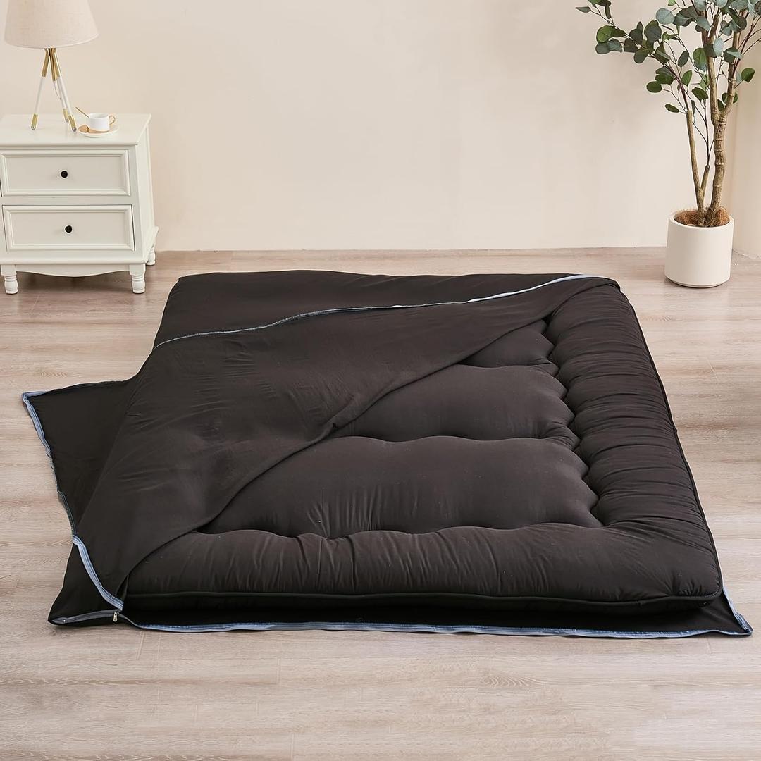 Futon Mattress Cover, Zippered Japanese Floor Mattress Cover, Machine Washable (Black, Full)