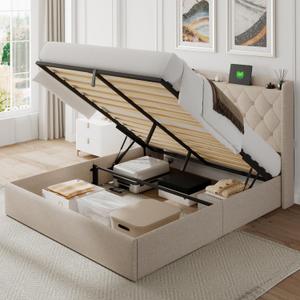 Feonase Full Size Bed Frame with Storage & Charging Station - Hydraulic Lift Up Platform Bed, Upholstered Button Tufted Headboard, Sturdy Wooden Slats, Noise-Free, No Box Spring Needed, Beige