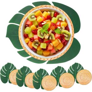100 Pcs Havana Night Party Luau Placemats and Palm Placemat, Round Luau Wooden Place Mats Tropical Palm Leaf Place Mats for Wedding Dinner