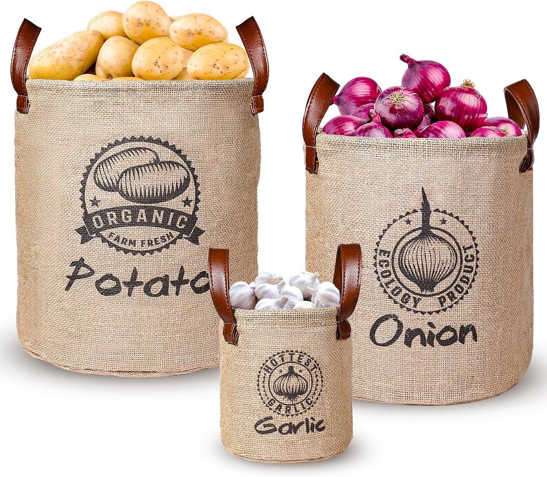 Kamehame Potato and Onion Storage Baskets Pack of 3, Lined Burlap Pantry Storage Bins for Potato Onion Garlic with Handles