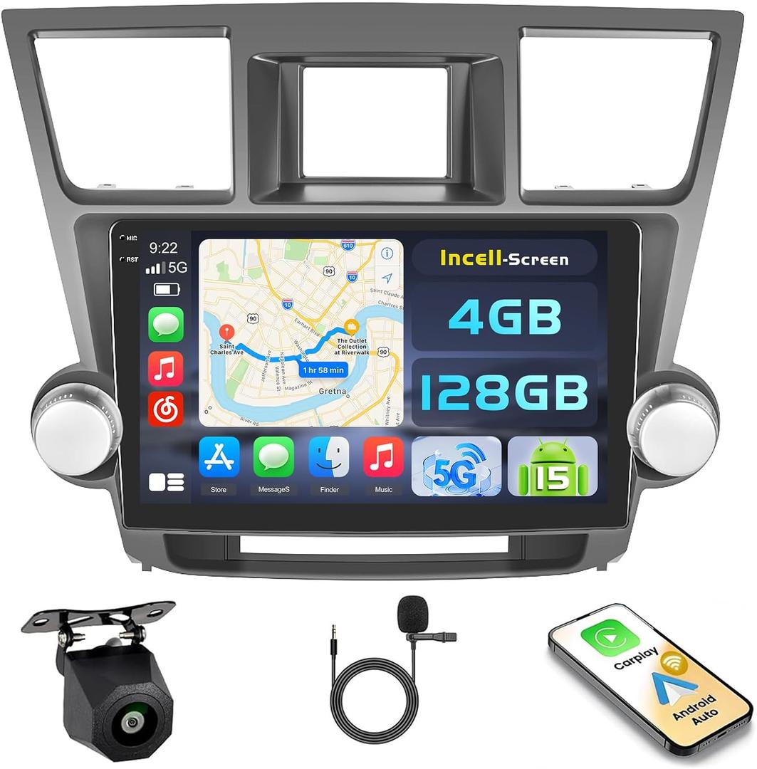 [4+128G] Android 15 Car Stereo for Toyota Highlander 2008-2013, Hikity 10'' in-Cell Touch Screen Radio Wireless Carplay Android Auto 5G WiFi Bluetooth 5.0 Mirror Link GPS SWC FM/RDS/EQ Backup Cam+Mic