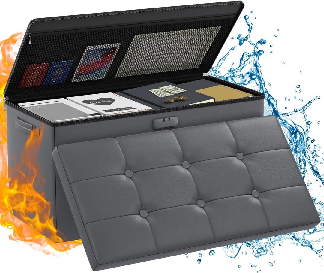 ENGPOW Storage Ottoman Bench, Fireproof Folding Bench with Lock,30 Inches FireWater Resistant Storage Chest Foot Rest Stool Leather Bedroom Ottoman Safe for Documents, Valuables, Pink (Grey)