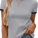 Remidoo Ringer Tee Women's Short Sleeve Shirts Color Block Tops Casual Summer Vintage T-Shirt Grey Blue XX-Large (Gray, XXL)