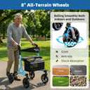 WALK MATE Rollator Walker for Seniors with Cup Holder, Upgraded Thumb Press Button for Height Adjustment, 8 Inch Wheels Walker with Seat Folding 14.7lb Lightweight Walking Aid, 300 lb Capacity, Blue