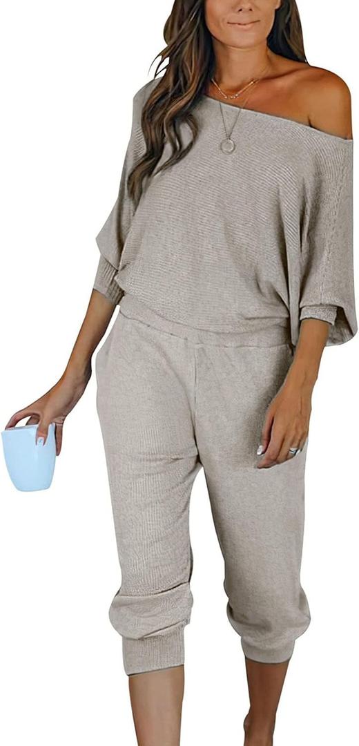 PRETTYGARDEN Women's 2 Piece Ribbed Tracksuit Outfits Off Shoulder Long Sleeve Pullover Lounge Pants with Pockets (X-Large, Grey)