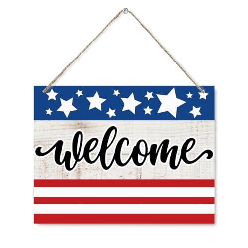 Patriotic Welcome Sign, American 4th of July Wooden Sign, USA Independence Day Wall Hanging Signs Decorations for Front Door, Porch, Home Indoor 7.9 x 10.2 Inches