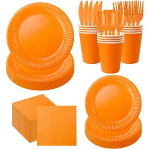 210pcs Orange Paper Plates Disposable Tableware Party Supplies- Includes 9" Dinner Plates, 7" Dessert Plates, 9oz Paper Cups, Napkins, Plastic Forks, Knives And Spoons For All Holiday Parties