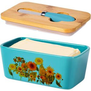 Sunflower Butter Dish with Lid,Large Butter Crock Keeper Saver,Ceramic Butter Container for Countertop with Highly Sealed Silicone Thick Wooden Lid for Kitchen Farmhouse Decor (Thin Blue, Sunflower)