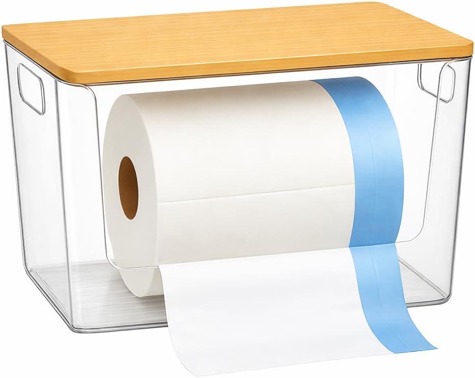 CiWiVOKi 2 Pack Trash Bag Holder with Bamboo Lid  Stackable Under Sink Organizer & Garbage Bag Dispenser for Kitchen Organization  Large Plastic Holder for Laundry Room, Pantry, Bathroom, Cabinets