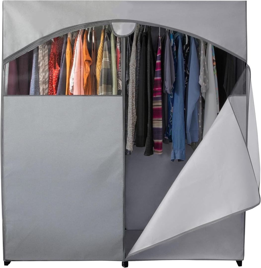 HOLDN STORAGE Portable Wardrobe Closet - 65 lb Large Capacity, Internal Heavy Duty Metal Rod, Zipper & Clear Window, Durable Clothes Organizer, Tool-Free Easy Assembly, Dark Gray Canvas Cover