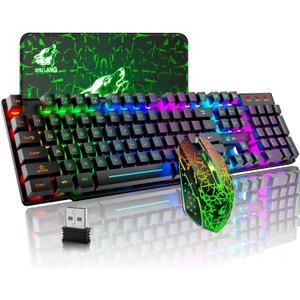 Wireless Gaming Keyboard and Mouse Combo with Mouse Pad, Rechargeable 2.4GHz Full-Size Keyboard and 2400 DPI Mouse, Rainbow Backlit, Quiet Mechanical Feel, 29-Key Anti-Ghosting for PC Mac Gamer