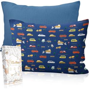 Muslin Toddler Pillowcase Set of 2-13x18 Cotton Toddler Pillow Cases with Envelope Closure Cute Cartoon Soft Breathable Kids Pillowcases for Baby Boys Girls, Car & Navy Blue