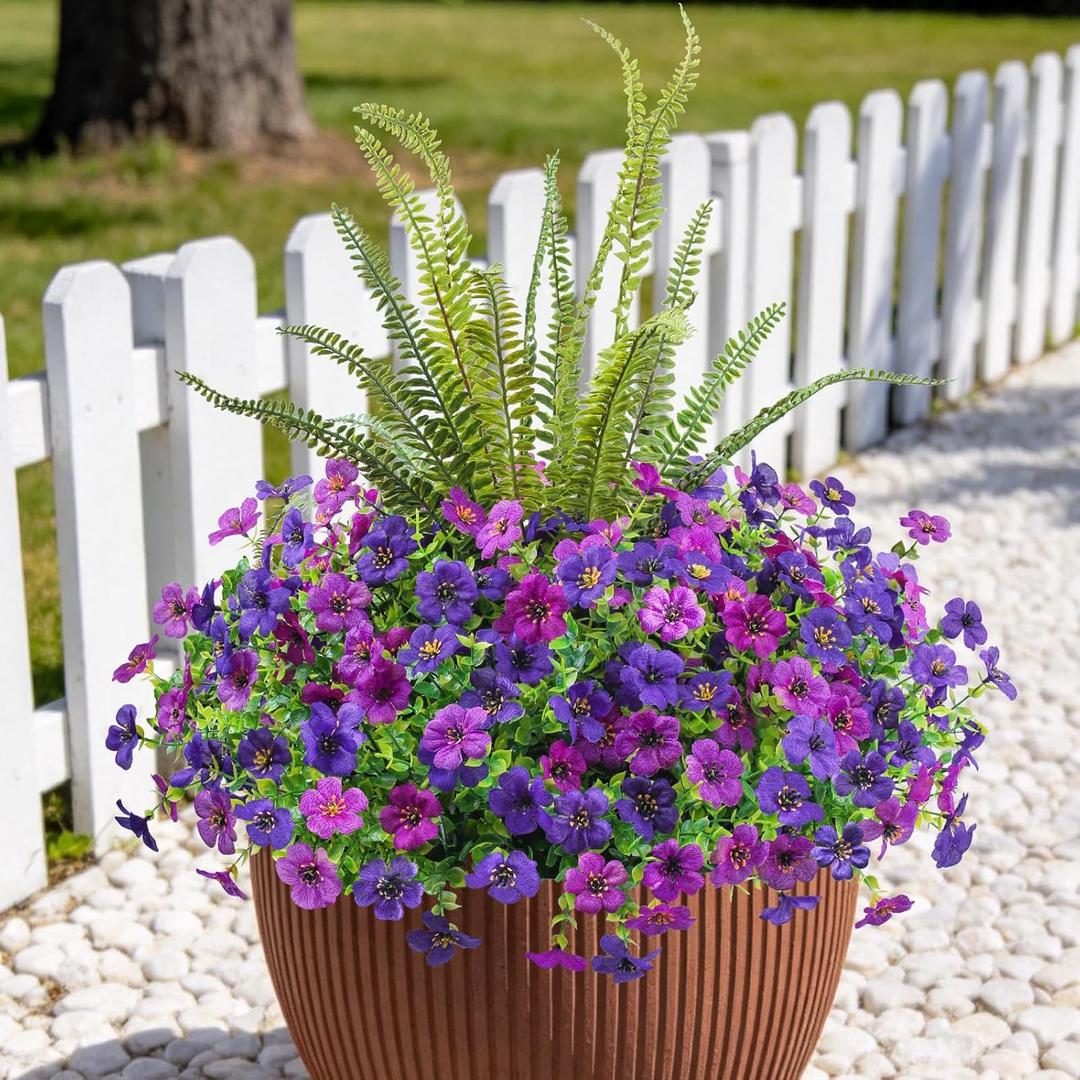 INQCMY Artificial Flowers for Outdoor 12 Pcs Faux Silk Daisy and 1 Pcs Fake Long Leaved Grass UV Resistant Tall Ferns for Home Doorway Courtyard Garden Backyard Decorative (Red Lotus Deep Purple)