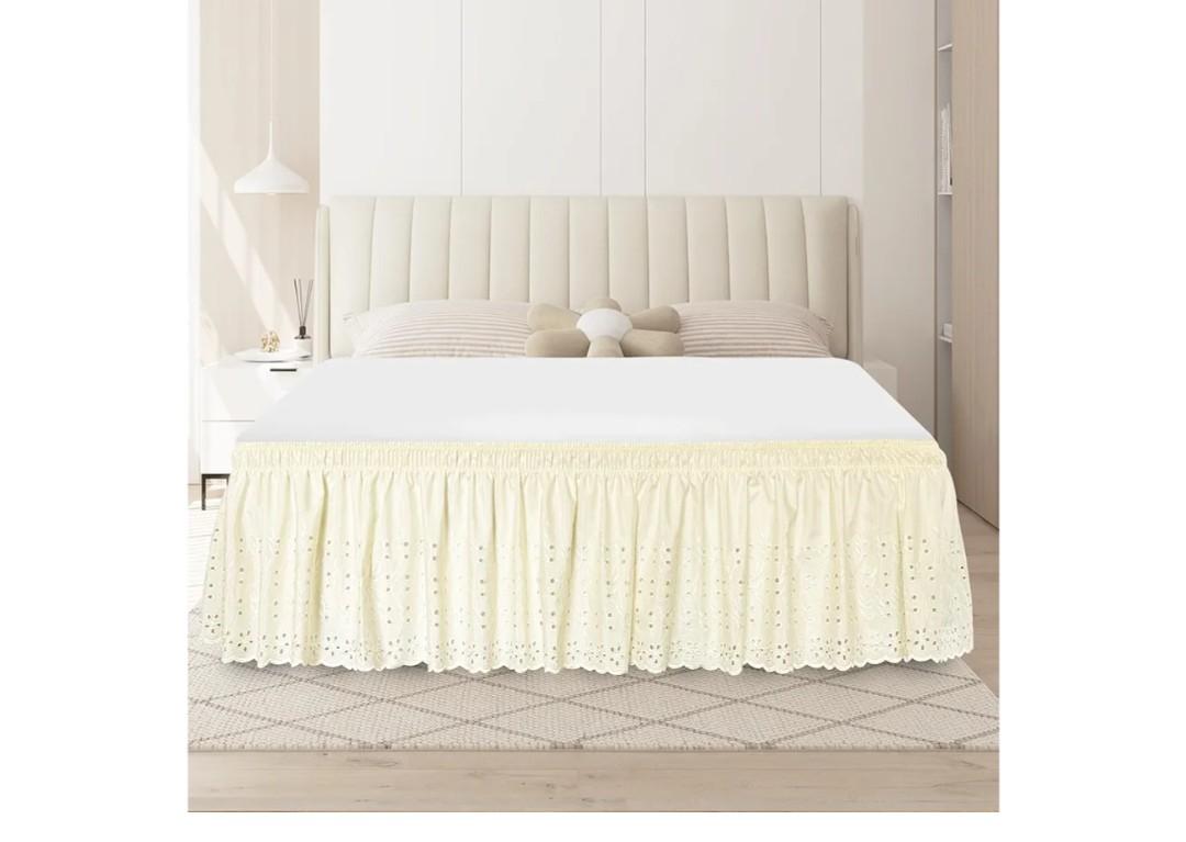 Queen Bed Skirt, Wrap-Around Elastic Ruffled Eyelet Bed Skirt Queen Size Dust Ruffle with Gathered Styling and Embroidered Details, 18" Drop Length (Light Yellow)