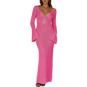 Saodimallsu Womens Crochet Maxi Cover Up Dress Beach Swim Vacation Coverups Long Sleeve Sexy Bodycon Summer Knit Dresses (Pink, M)