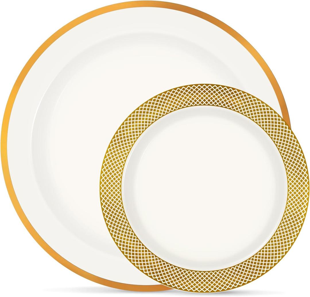 Boocikey Gold Plastic Plates, 40 Pcs White and Gold Plastic Plates, Include 10.25 inch Dinner plates & 7.5 inch Dessert plates for Party Wedding Birthday Thanksgiving