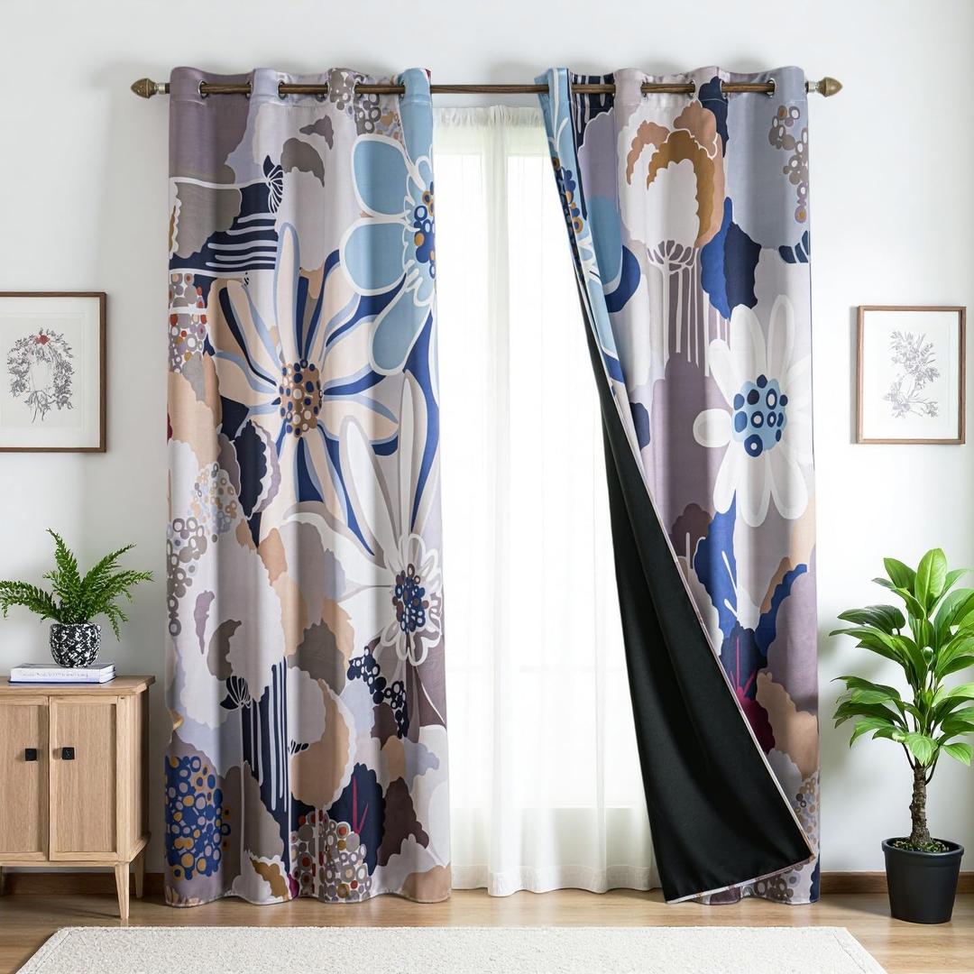 Abstract Floral Blackout Curtains 63 inch Long 2 Panels 52x63, Modern Blue Large Flower Print Patterned Room Darkening Drapes, Thermal Insulated Noise Reducing Window Curtains for Bedroom Living Room