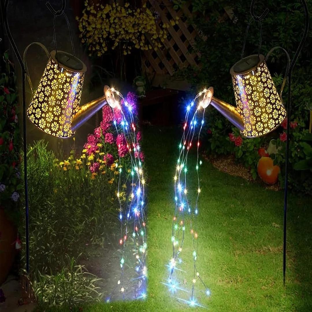 2 Pack Solar Watering Can Lights with Shepherd Hook, 8 Multi-Color Changing Modes, IP65 Waterproof, 60pcs String Lights for Outdoor Garden Pathway Lawn Patio Deck Walkway Courtyard (Rainbow-Colored-3)