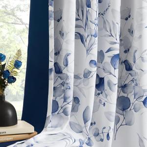 100% Blackout Curtains Blue Floral Pattern Curtains 84 Inches Long for Bedroom Watercolor Leaf Print Thermal Insulated Drapes for Living Room Darkening Rod Pocket Window Curtains 2 Panels (Back Tab | Blue)