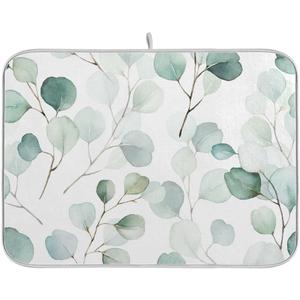 Sage Green Leaves Dish Drying Mat for Kitchen Counter Watercolor Branch Plant Drying Mat 18 x 24 Inch with High Absorbent Reversible Microfiber Dish Drying Pad Drainer Mat for Coffee Bar