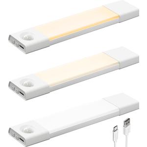 EZVALO 3 Pack 8 Motion Sensor Light Indoor, Wireless Under Cabinet Lighting, 30 LED Rechargeable Closet Lights, Dimmable, 3 Color Temperatures, Counter Lights for Wardrobe, Pantry, Bedroom, Kitchen (White)