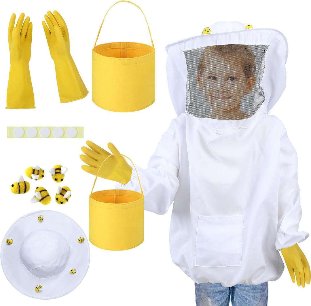 Jiuguva 13 Pcs Beekeeper Set Includes 1 Beekeeper Jacket 5 Pcs Wool Felt Bees 5 Pcs Round Double Sided Tape 1 Beekeeping Gloves 1 Felt Bucket for Children Beekeeping Supplies Halloween (Medium)