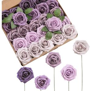 Ling's moment Artificial Flowers, 50Pcs 3" Roses in Purple Shades, Realistic DIY Foam Floral Decor for Wedding Bouquets/Centerpieces, Outdoor Party Backdrops, Room/Table, and Garden/Pot Decorations