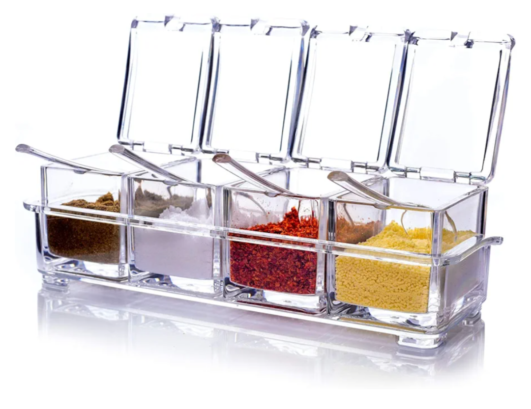 ME.FAN Clear Seasoning Rack Spice Pots - 4 Piece Acrylic Seasoning Box - Storage Container Condiment Jars - Cruet with Cover and Spoon