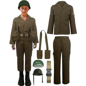 Kids WW2 Soldier Costume Boys Girls Field Jacket Cosplay 6 Pcs Set for Halloween  2XL(11-12years)