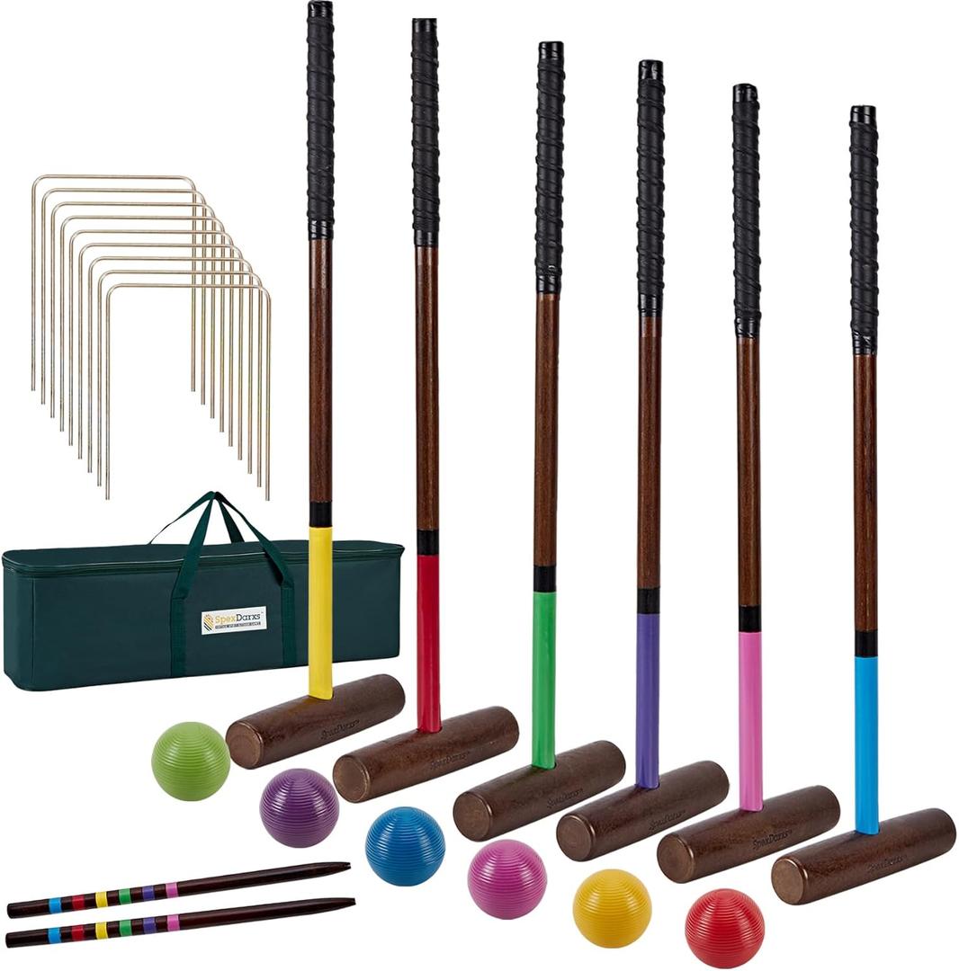 28 Six Player Croquet Set, Croquette Kit with Premium Wooden Mallets/Colored Balls/Wickets/Stakes/Carrying Bag, Classic Family Game for Outdoor Backyard Lawn