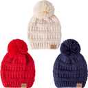 REDESS Baby Kids Winter Warm Hats, Infant Toddler Children Pom Pom Beanie Knit Cap Girls Boys (0-3T, Beige+red+navy)
