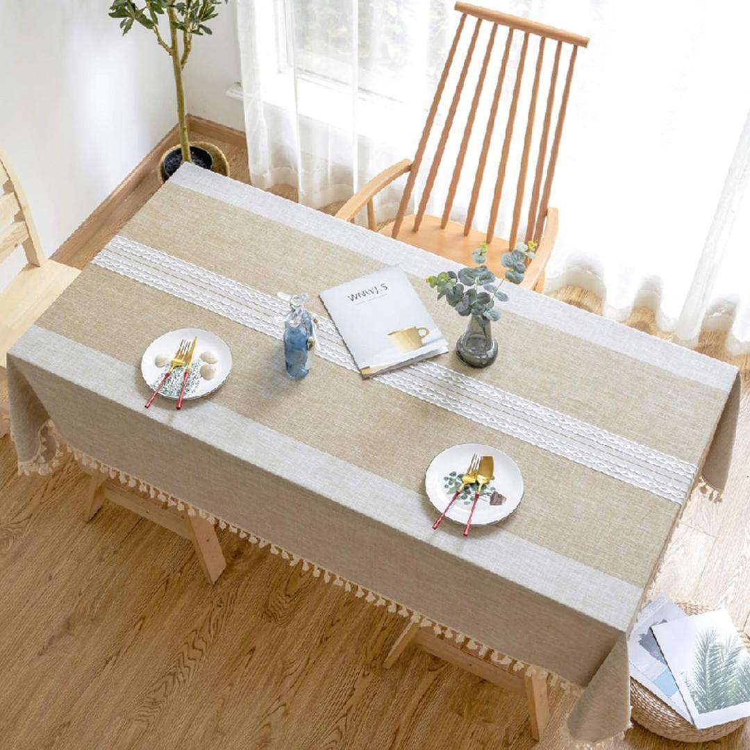 Vonabem Table Cloth Tassel Cotton Linen Table Cover for Kitchen Dinning Wrinkle Free Tablecloths Rectangle/Oblong (58''x86'', 6-8 Seats, Brown)