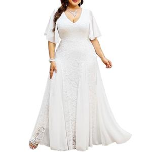 TIARALY Plus Size Formal Lace Dress Maxi V Neck A-line Chiffon Wedding Guest Prom Evening Gown Gala Elegant, White, 3XL